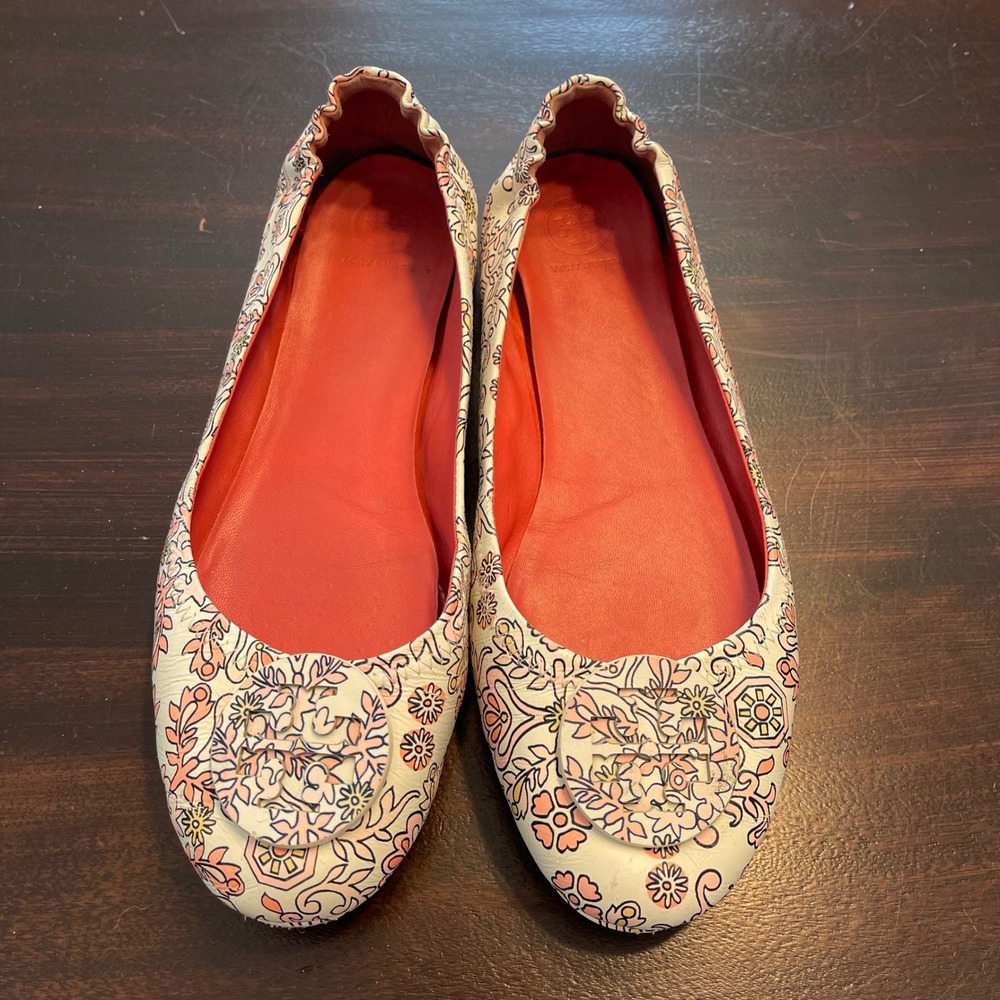 Tory Burch Minnie Travel Ballet Flats Floral Pink White Leather Logo Size 10